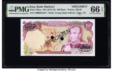 Iran Bank Markazi 100 Rials ND (1974-79) Pick 102as Specimen PMG Gem Uncirculated 66 EPQ. Black Specimen & TDLR overprints and two POCs are present on...