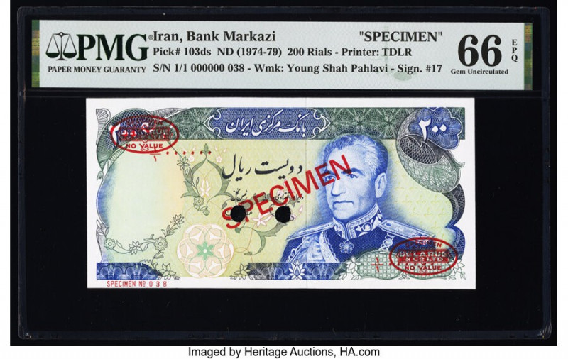 Iran Bank Markazi 200 Rials ND (1974-79) Pick 103ds Specimen PMG Gem Uncirculate...