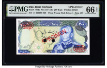 Iran Bank Markazi 200 Rials ND (1974-79) Pick 103ds Specimen PMG Gem Uncirculated 66 EPQ. Red Specimen & TDLR overprints and two POCs are present on t...