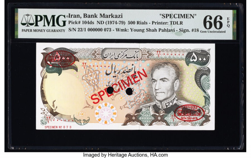 Iran Bank Markazi 500 Rials ND (1974-79) Pick 104ds Specimen PMG Gem Uncirculate...
