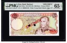 Iran Bank Markazi 1000 Rials ND (1974-79) Pick 105cs Specimen PMG Gem Uncirculated 65 EPQ. Red Specimen & TDLR overprints and two POCs are present on ...
