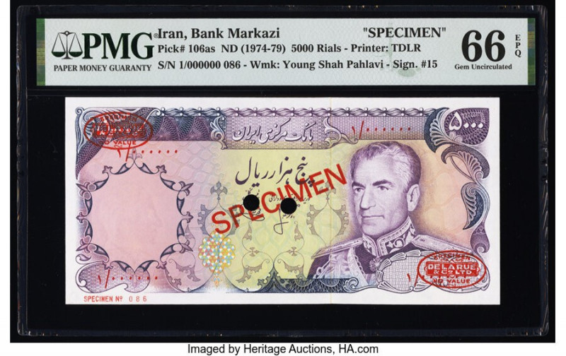 Iran Bank Markazi 5000 Rials ND (1974-79) Pick 106as Specimen PMG Gem Uncirculat...