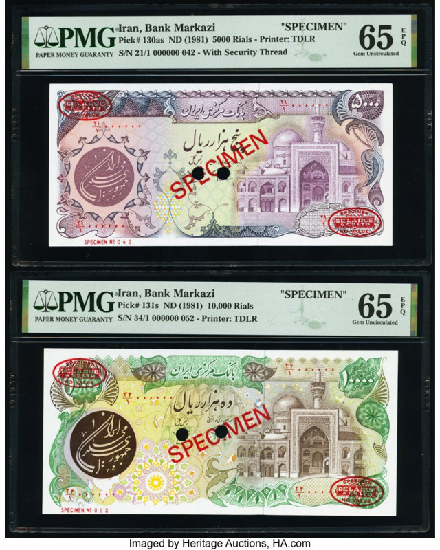 Iran Bank Markazi 5000; 10,000 Rials ND (1981) Pick 130as; 131s Two Specimen PMG...