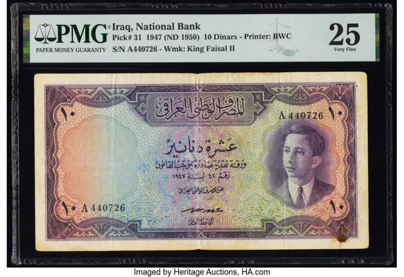 Iraq National Bank of Iraq 10 Dinars 1947 (ND 1950) Pick 31 PMG Very Fine 25. Ru...