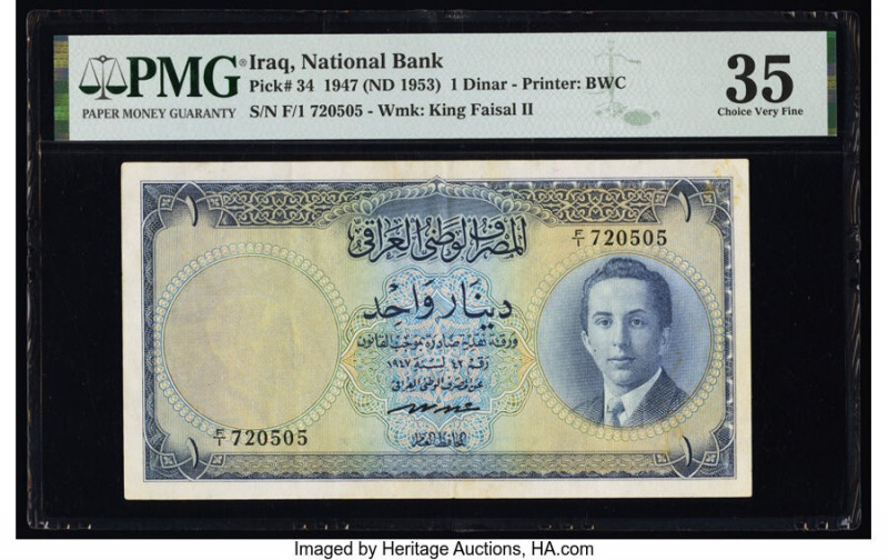 Iraq National Bank of Iraq 1 Dinar 1947 (ND 1953) Pick 34 PMG Choice Very Fine 3...