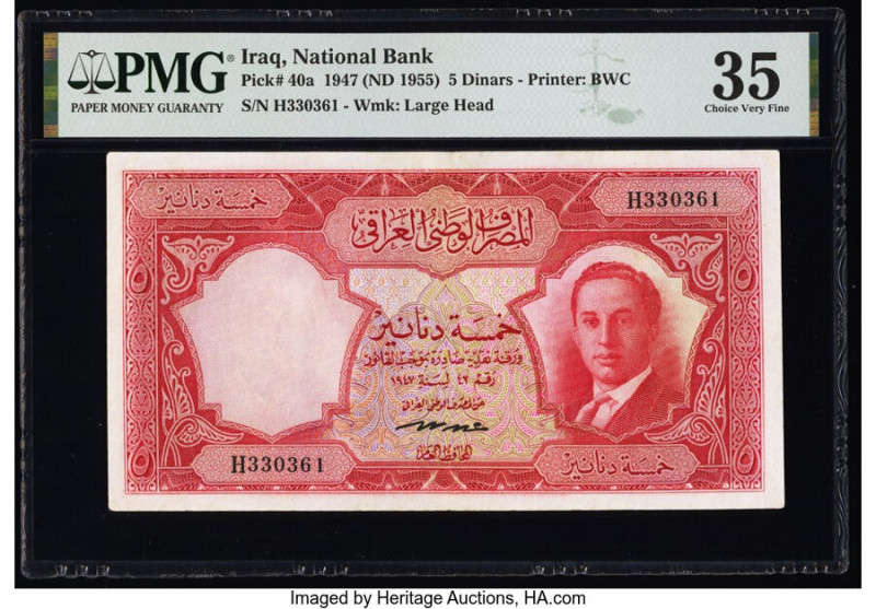 Iraq National Bank of Iraq 5 Dinars 1947 (ND 1955) Pick 40a PMG Choice Very Fine...
