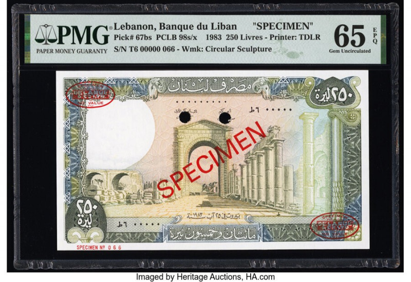 Lebanon Banque du Liban 250 Livres 1983 Pick 67bs Specimen PMG Gem Uncirculated ...