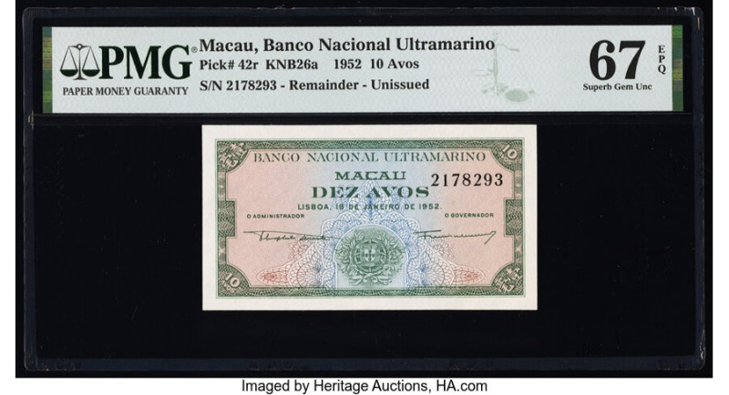 Macau Banco Nacional Ultramarino 10 Avos 19.1.1952 Pick 42r KNB26a Remainder PMG...