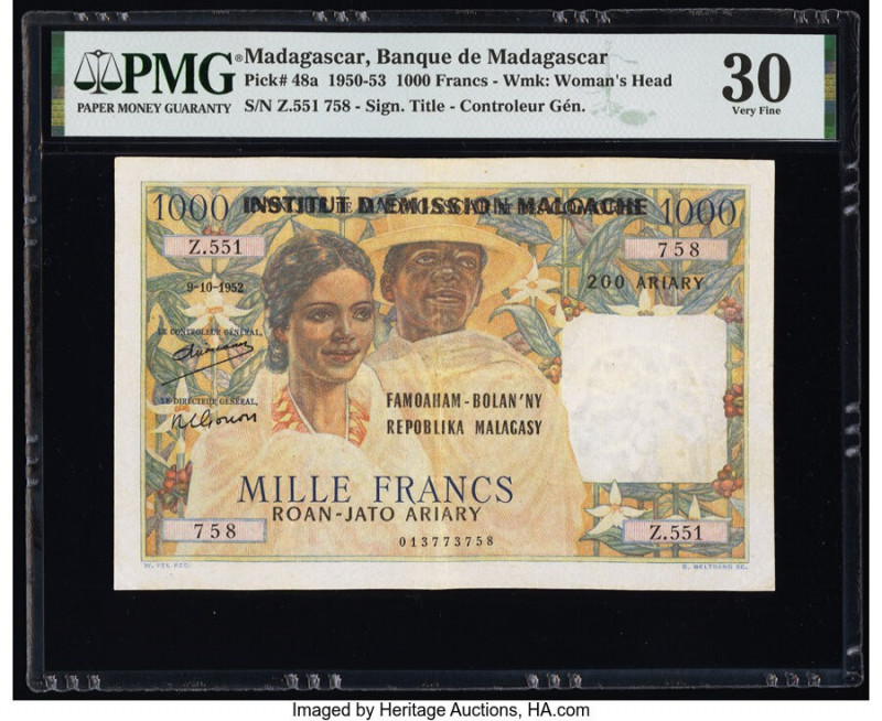 Madagascar Banque de Madagascar et des Comores 1000 Francs 9.10.1952 Pick 48a PM...
