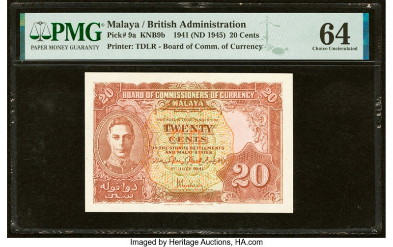 Malaya Board of Commissioners of Currency 20 Cents 1.7.1941 (ND 1945) Pick 9a KN...