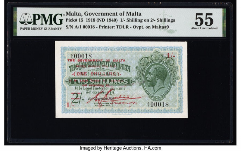 Serial Number 18 Malta Government of Malta 1 Shilling on 2 Shillings 20.11.1918 ...