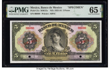 Mexico Banco de Mexico 5 Pesos ND (1925-34) Pick 21s Specimen PMG Gem Uncirculated 65 EPQ. Red Specimen overprints and two POCs are on this example. 
...
