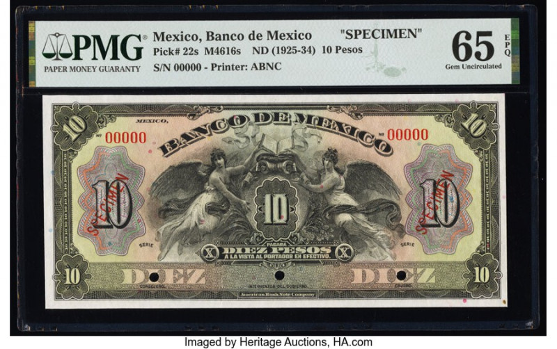 Mexico Banco de Mexico 10 Pesos ND (1925-34) Pick 22s Specimen PMG Gem Uncircula...
