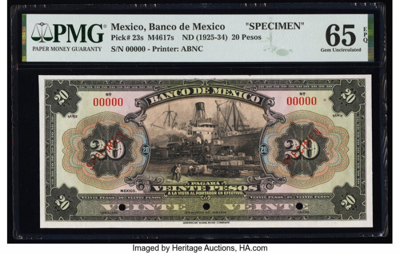 Mexico Banco de Mexico 20 Pesos ND (1925-34) Pick 23s Specimen PMG Gem Uncircula...