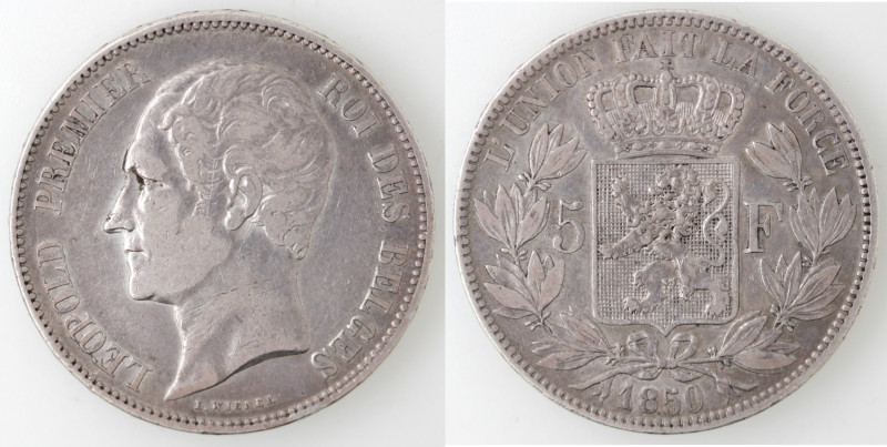 Monete Estere. Belgio. Leopoldo I. 1831-1865. 5 franchi 1850. Ag. KM 17. Peso gr...