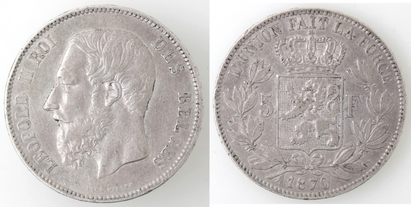 Monete Estere. Belgio. Leopoldo II. 1865-1909. 5 Franchi 1870. Ag. KM 24. Peso g...