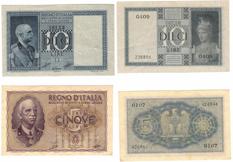 Cartamoneta. Regno D'Italia. Vittorio Emanuele III. 10 Lire e 5 Lire Impero. Lot...