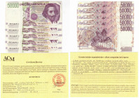 Cartamoneta. Repubblica Italiana. 50.000 Lire Bernini. 2°Tipo. 1992. Lotto di 5 pezzi di serie consecutiva. Gig. BI81B.