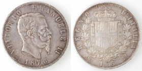Vittorio Emanuele II. 1861-1878. 5 lire 1875 Milano. Ag.