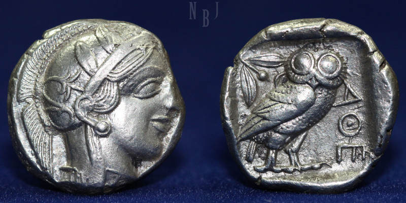 Greek Attica Athens, Owl Silver Tetradrachm 5/4th Century BC, Obv: Head of Godde...