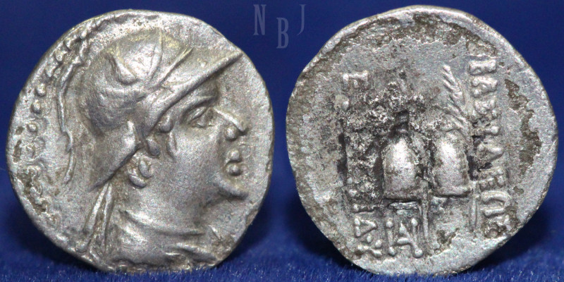 BACTRIA, Eukratides (Eucratides) AR obol, (0.47gm, 11mm) helmeted type. c. 171-1...