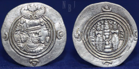 SASANIAN KINGS Khosrow II (590-628) AR Drachm, istakhr, Date 24, 4.03gm, 31mm, EF