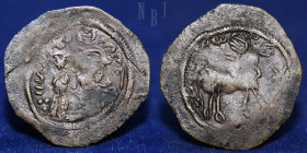 Arab Sasanian, AE Unit, two facing busts in Byzantine style, Bishapur mint, 0.63gm, 20mm, VF & RR