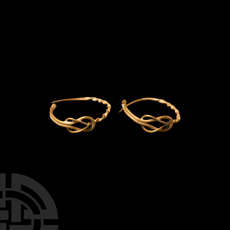Greek Gold Herakles Knot Earrings. 5th-3rd century B.C. A matched pair of gold e...