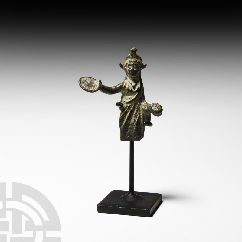 Etruscan Votive Figure of a Priestess. 4th-2nd century B.C. A bronze statuette o...