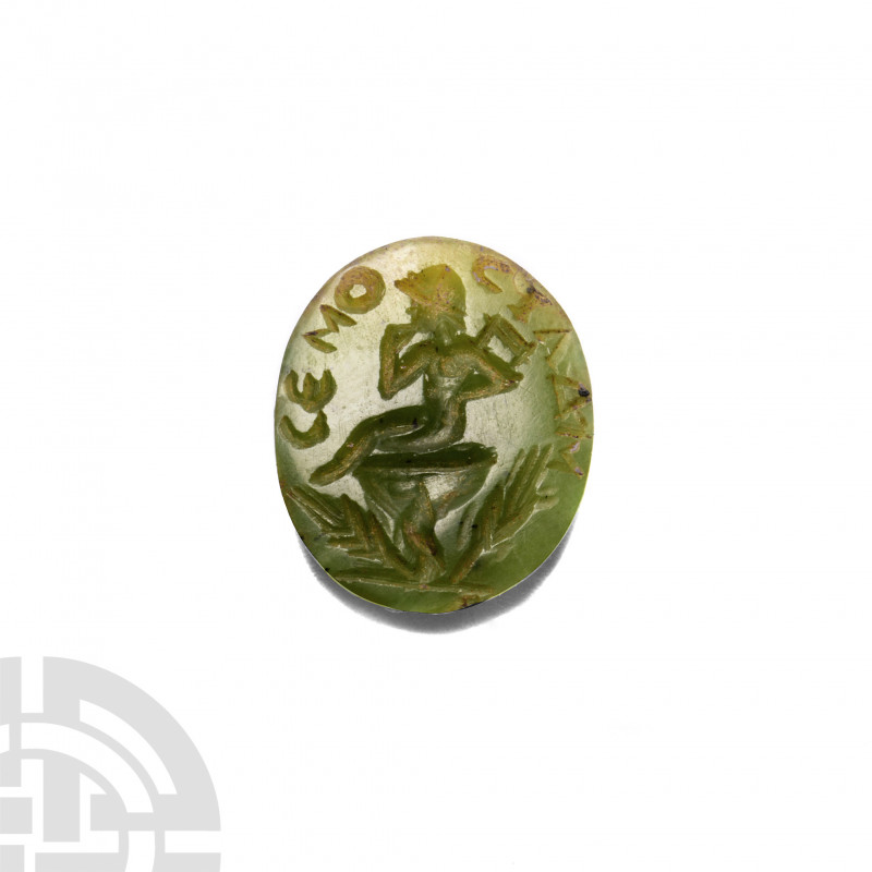 Greek Inscribed Gemstone with Seated Harpokrates. 1st century B.C. A green chalc...
