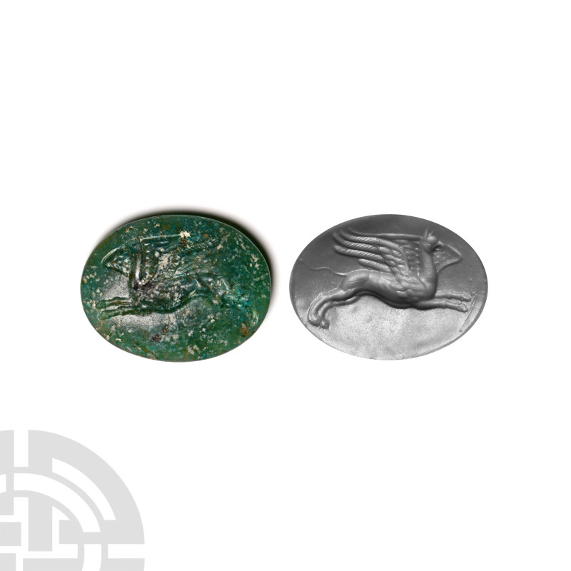 Early Hellenistic Intaglio with Griffin. 4th-3rd century B.C. A green glass inta...