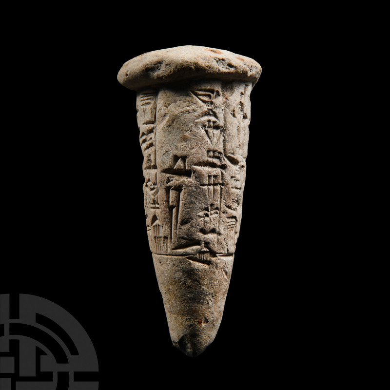 Sumerian Cuneiform Cone. 2nd millennium B.C. A clay cone with domed top, the bod...