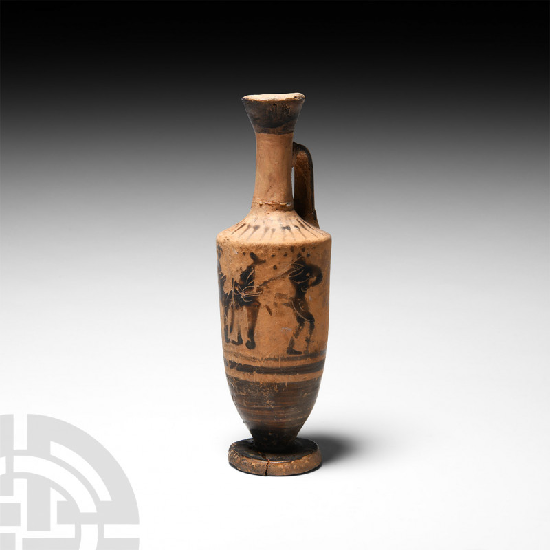 Greek Attic Lekythos with Frieze. c.5th century B.C. A ceramic lekythos oil flas...