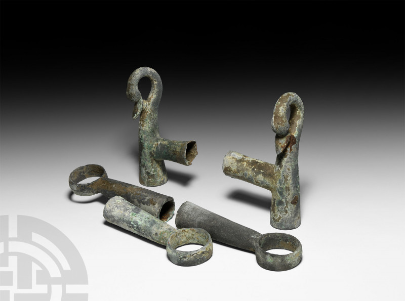 Roman Chair Fittings with Swan Heads. 1st-2nd century A.D. A group of five bronz...