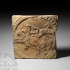 Sassanian Tile with Warrior. 3rd-7th century A.D. or later. A square-shaped stone tile with scene composed of a mounted huntsman galloping left on a h...