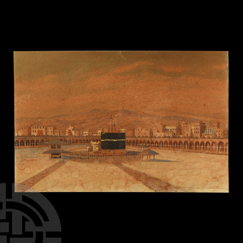 Ottoman Panoramic View of Mecca. 19th century A.D. A framed gouache on cardboard...
