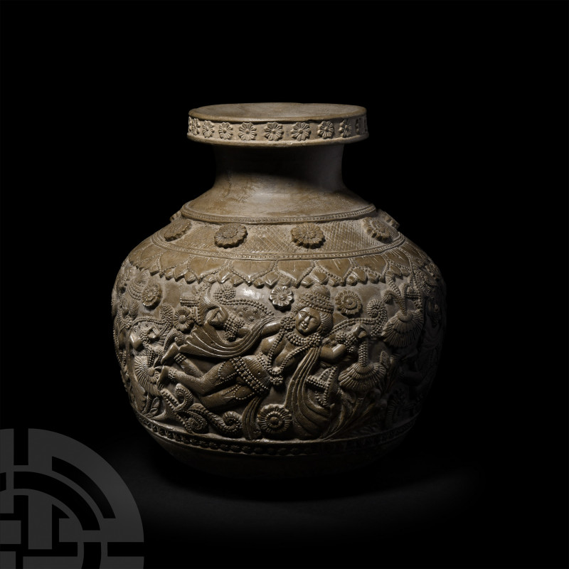 Chandraketugarh Globular Vase with Flying Goddesses. 2nd-1st century B.C. A larg...