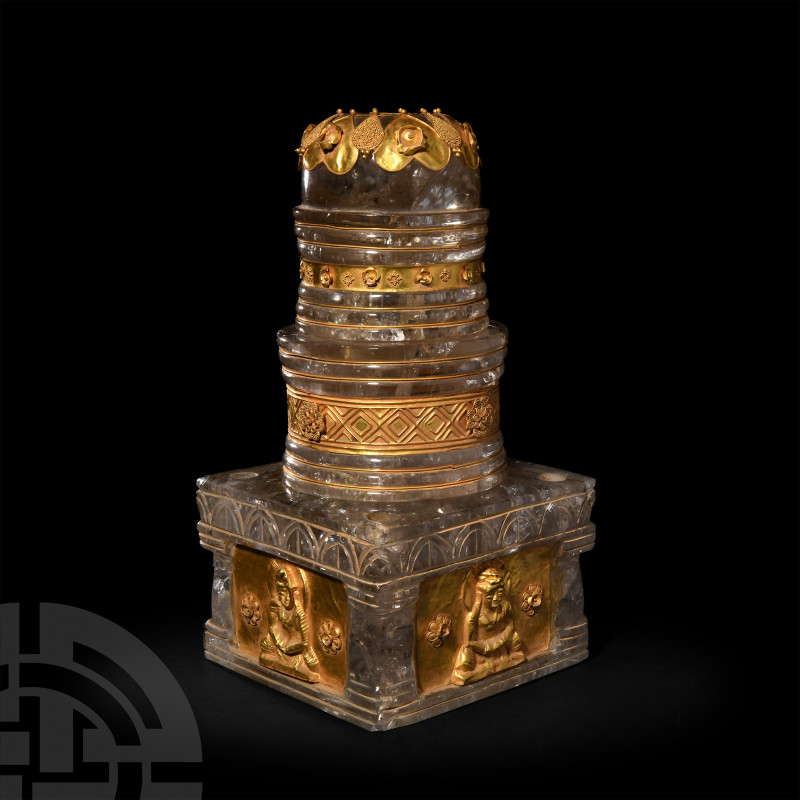 Large Crystal and Gold Stupa with Four Seated Buddhas. 19th century A.D. or earl...