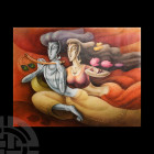 Flying Radha Krishna by Ramesh Pachpande. 20th century A.D. A rectangular image on fabric of a couple embracing while the male plays the flute, signed...
