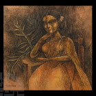 Ganesh Pyne Framed Seated Lady. 20th century A.D. A rectangular ink and watercolour image of a young female seated beside a potted plant on a table; a...