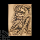 Romantic Couple by Ramesh Pachpande. 20th century A.D. A rectangular image in charcoal of a couple embracing with restricted use of applied liquid gol...