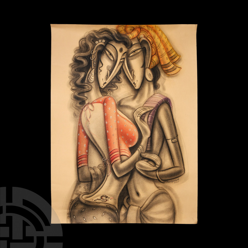 Loving Couple with Tattoo by Ramesh Pachpande. 20th century A.D. A rectangular i...