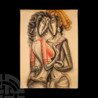 Loving Couple with Tattoo by Ramesh Pachpande. 20th century A.D. A rectangular image in charcoal and dry pastel of a couple embracing with restricted ...