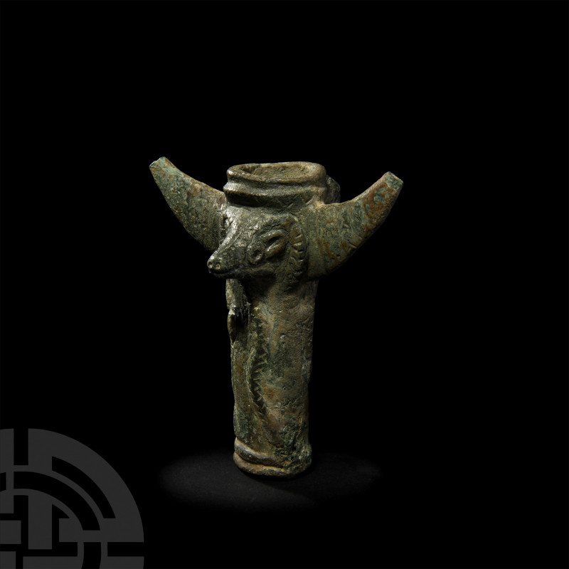 Luristan Sceptre Head with Winged Figure and Ibex-Headed Serpent. Late 2nd-early...