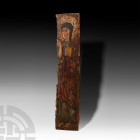 Medieval Panel with Angel Holding Book. c.10th-13th century A.D. A Coptic rectangular wooden panel with gessoed surface and painted design of a standi...