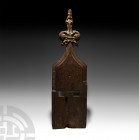 English Medieval Norfolk Pew End. c.1480-1500 A.D. A carved wooden inner upstand from a church pew, rectangular with scooped shoulders and fleshy acan...