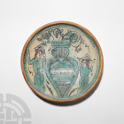 Large Medieval Valencia Dish Depicting an Alhambra Vase with Dancing Attendants. c.1350 A.D. A tin-glazed earthenware dish depicting an Alahambra vase...