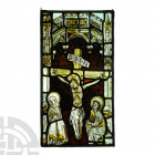 Medieval Stained Glass Panel with the Crucifixion, Virgin and Saint Paul. France, Picardy, c.1420-1430 A.D. A rectangular glass panel with lead-alloy ...