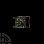 Byzantine Belt Plate with Pegasus. 7th-8th century A.D. A bronze belt buckle with rectangular body and integral fastening loop, embossed figure of a s...