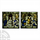 Medieval Austrian Stained Glass Panel Pair with The Annunication in Two Lancet Heads. c.1490 A.D. A group of two stained glass rectangular panels with...